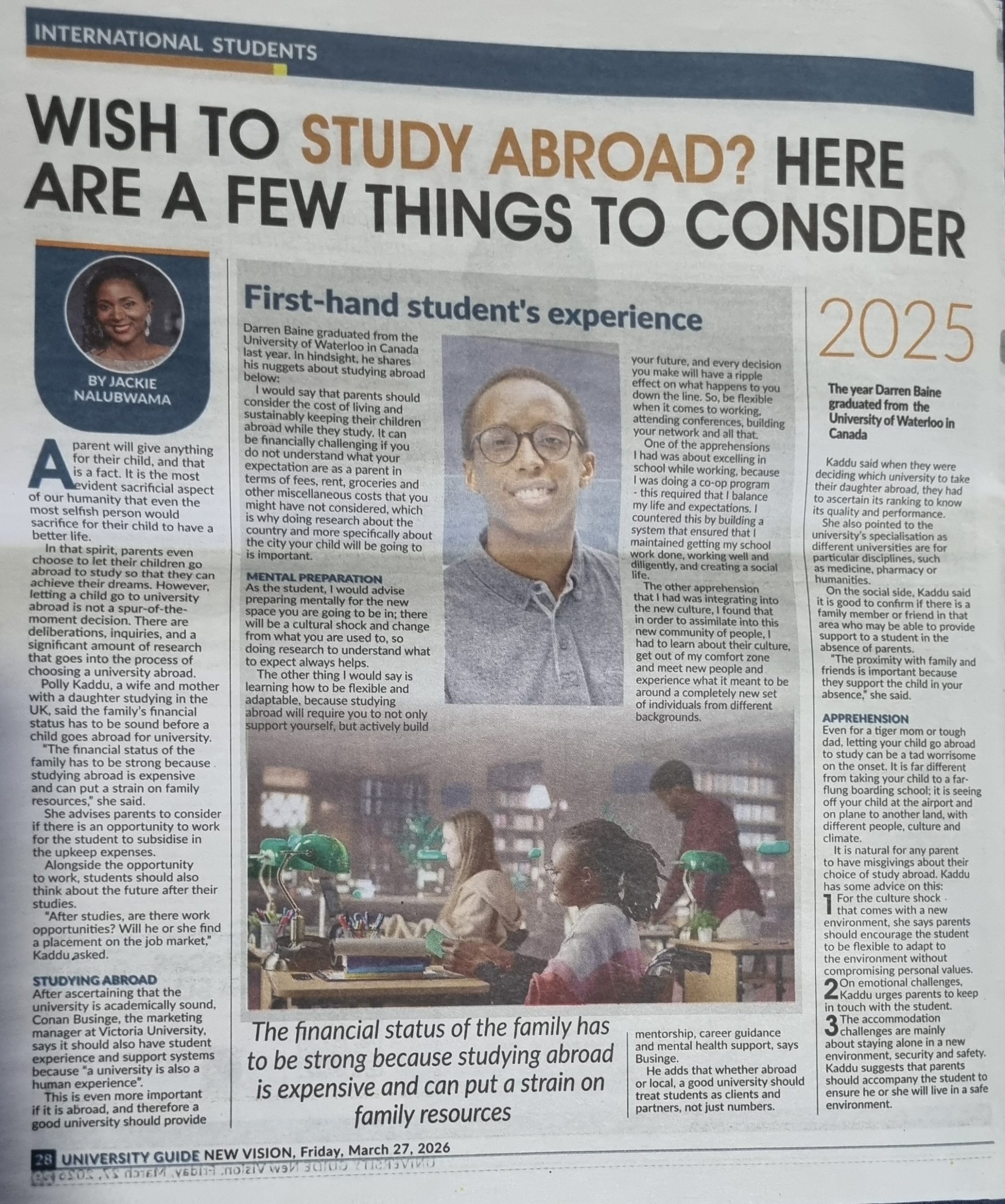 New Vision Uganda International Student Feature photograph
